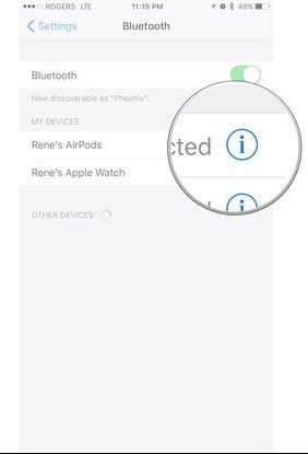 image shows the "i" icon beside current airpods name