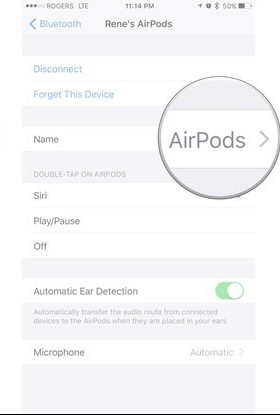 image shows the Name option where Airpods can be renamed