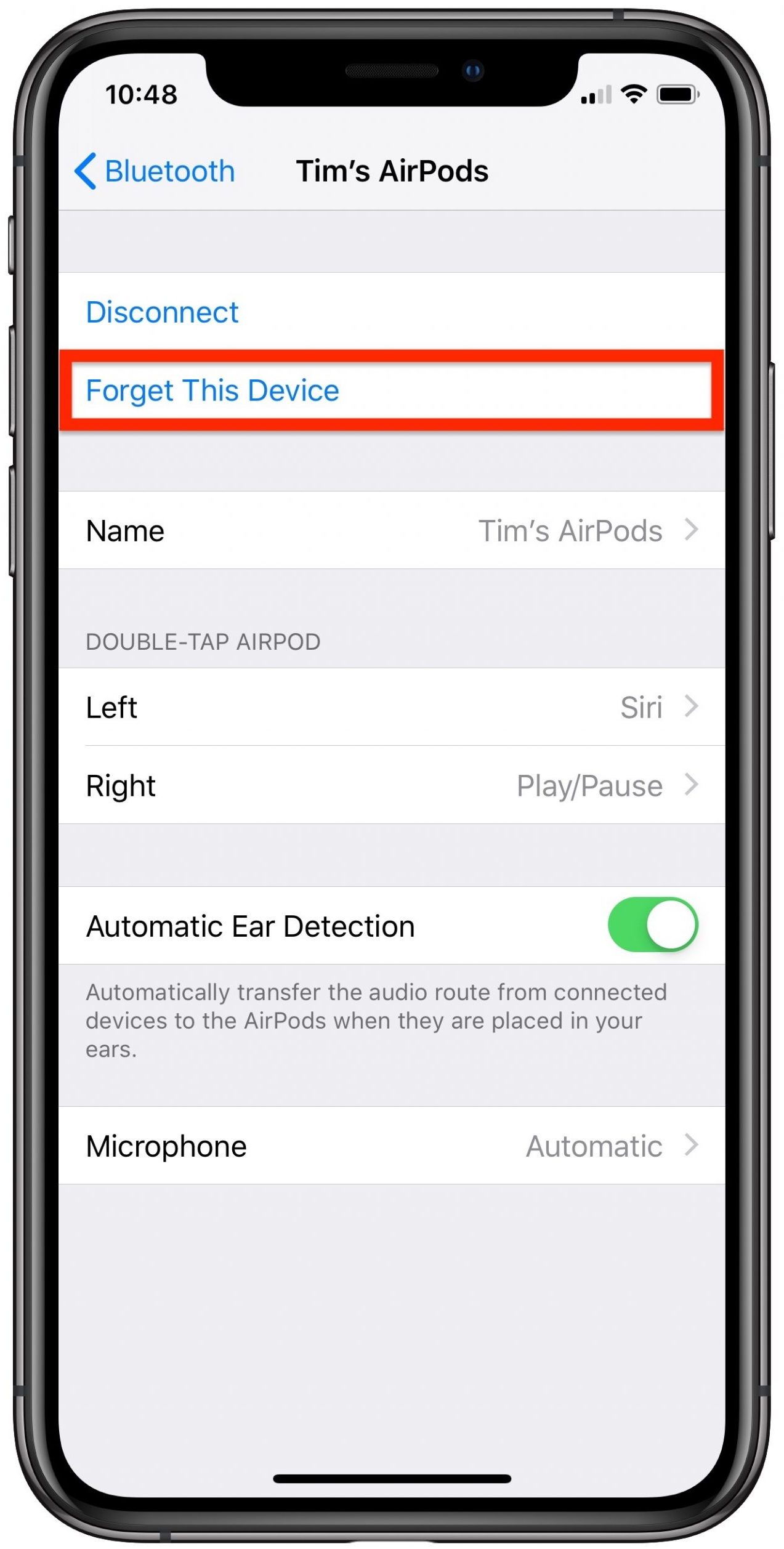 Image shows the "Forget this device" prompt to forget airpod