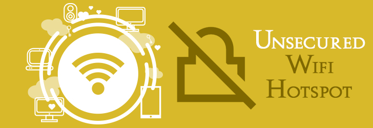 Depicts a call to attention regarding unsecured Wi-Fi hotspot