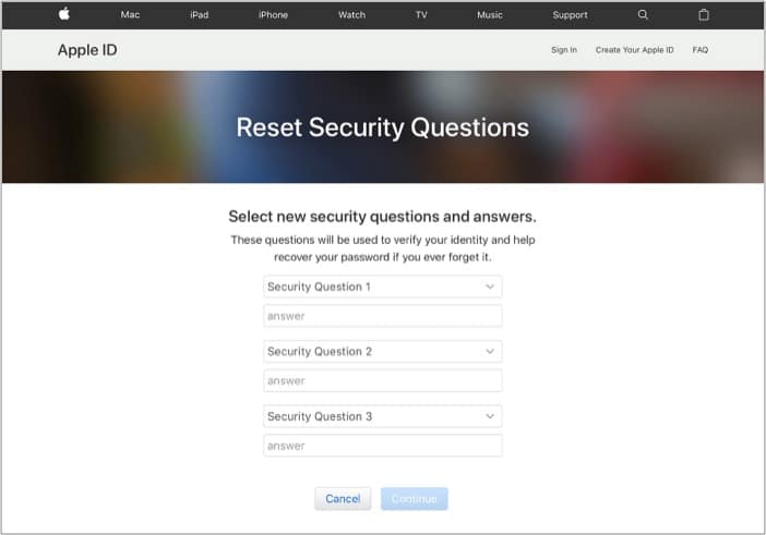 how to reset Apple security questions